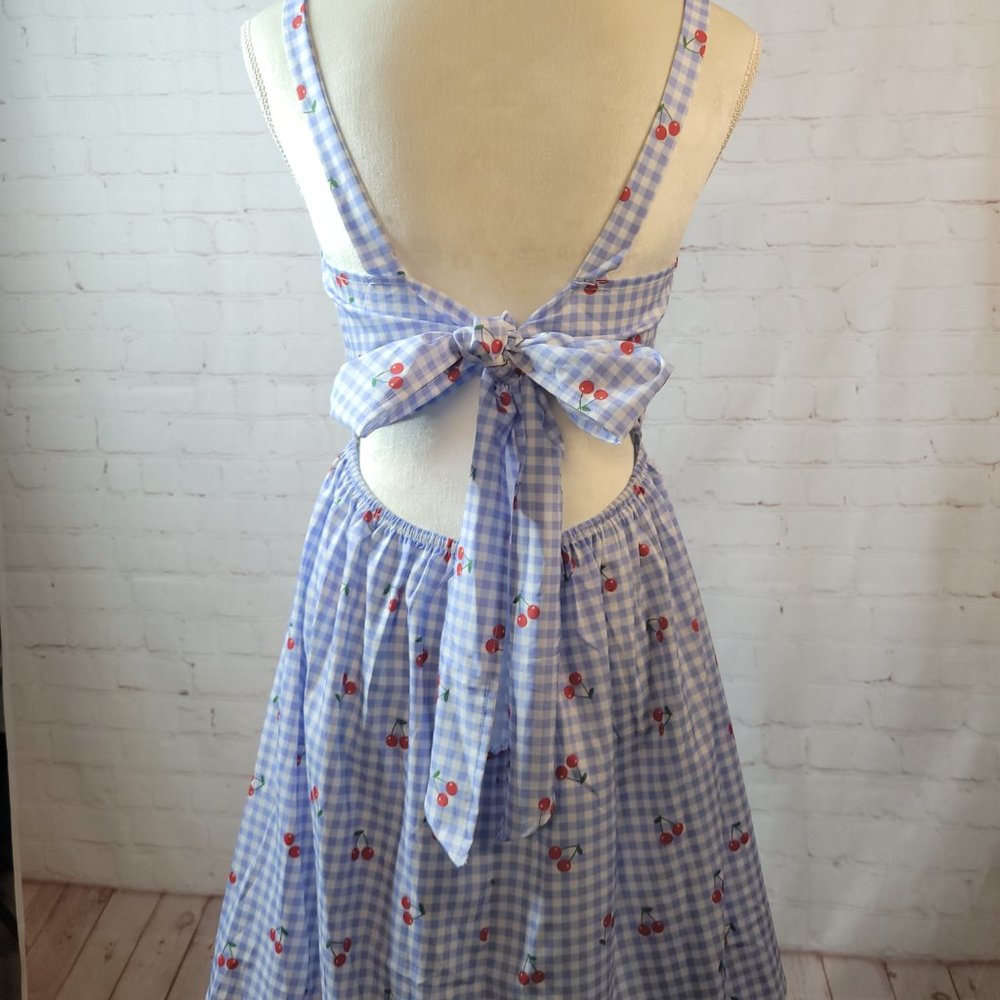 Cherries & Blue Gingham Dress with Back Tie/Bow